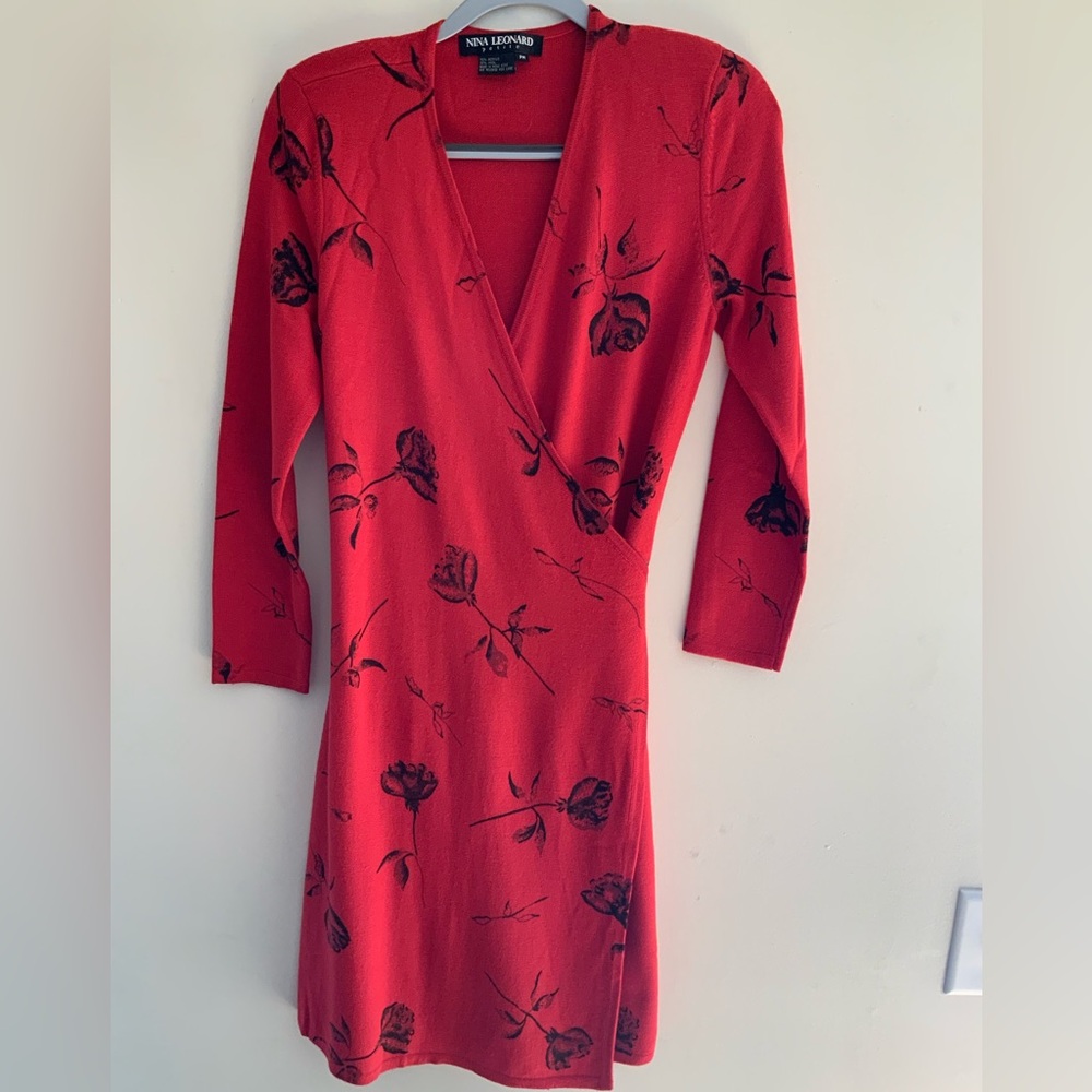 Nina Leonard Red Wrap Sweater Dress   $30.00